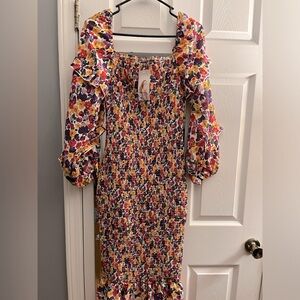 Long puff sleeve floral midi bodycon dress